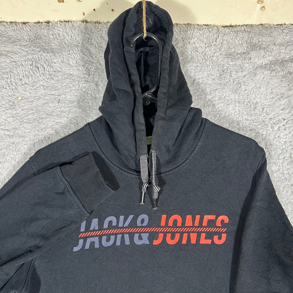 Jack & Jones Hoodie Mens M Black Graphic Logo Core Sweatshirt Long Sleeve